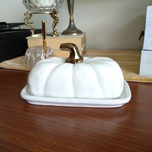 Fall Pumpkin Squash Butter Dish w Lid Bronze Stem